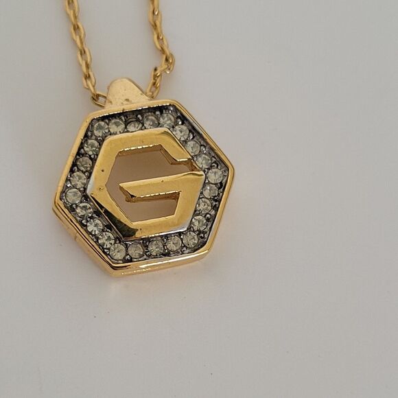 GIVENCHY G Vintage Rhinestones Gold Pendant Necklace Chain Clip On Earrings Set - Picture 7 of 11